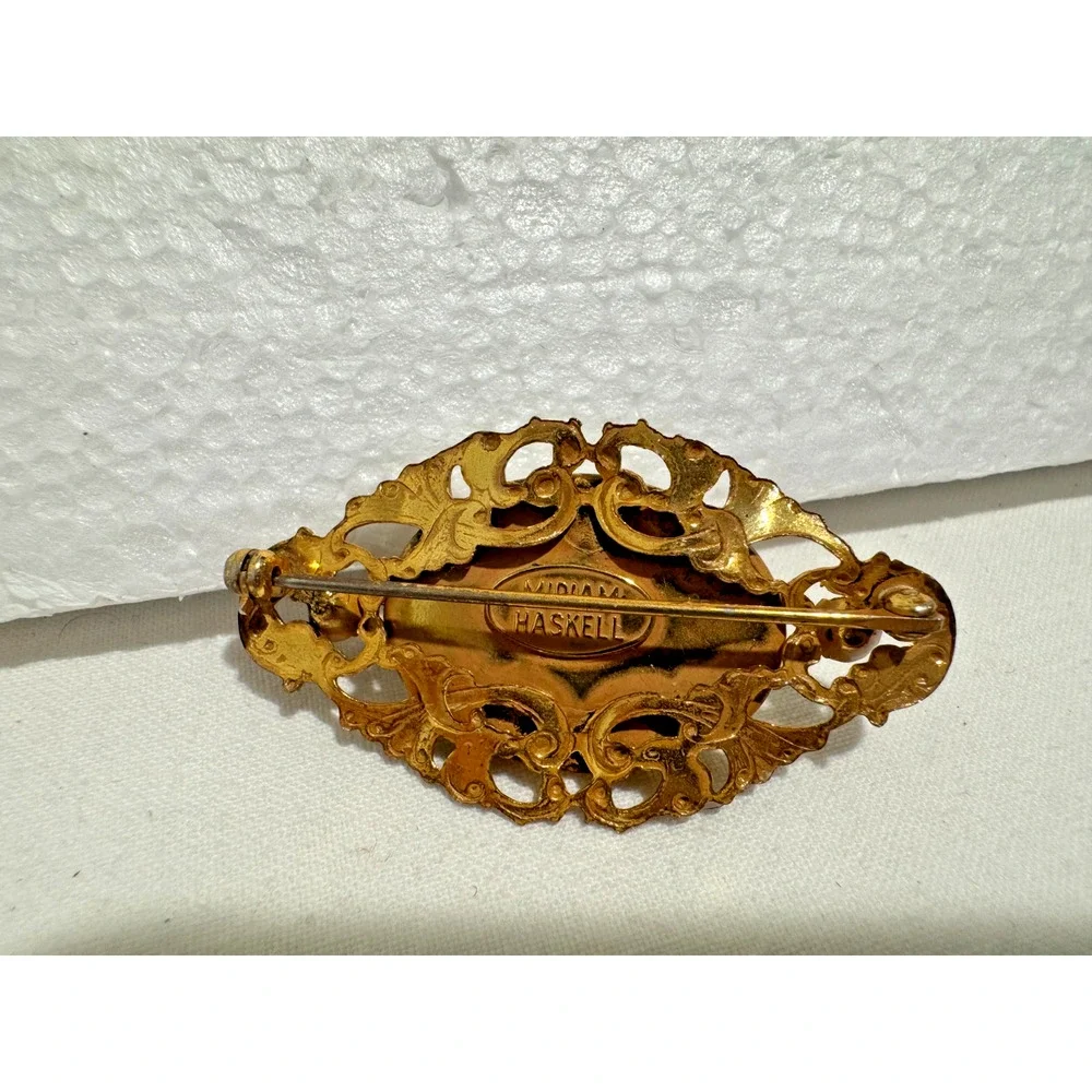 Vintage Miriam Haskell Brooch Pin Faux Pearl Cabochon Rhinestone Filigree Oval